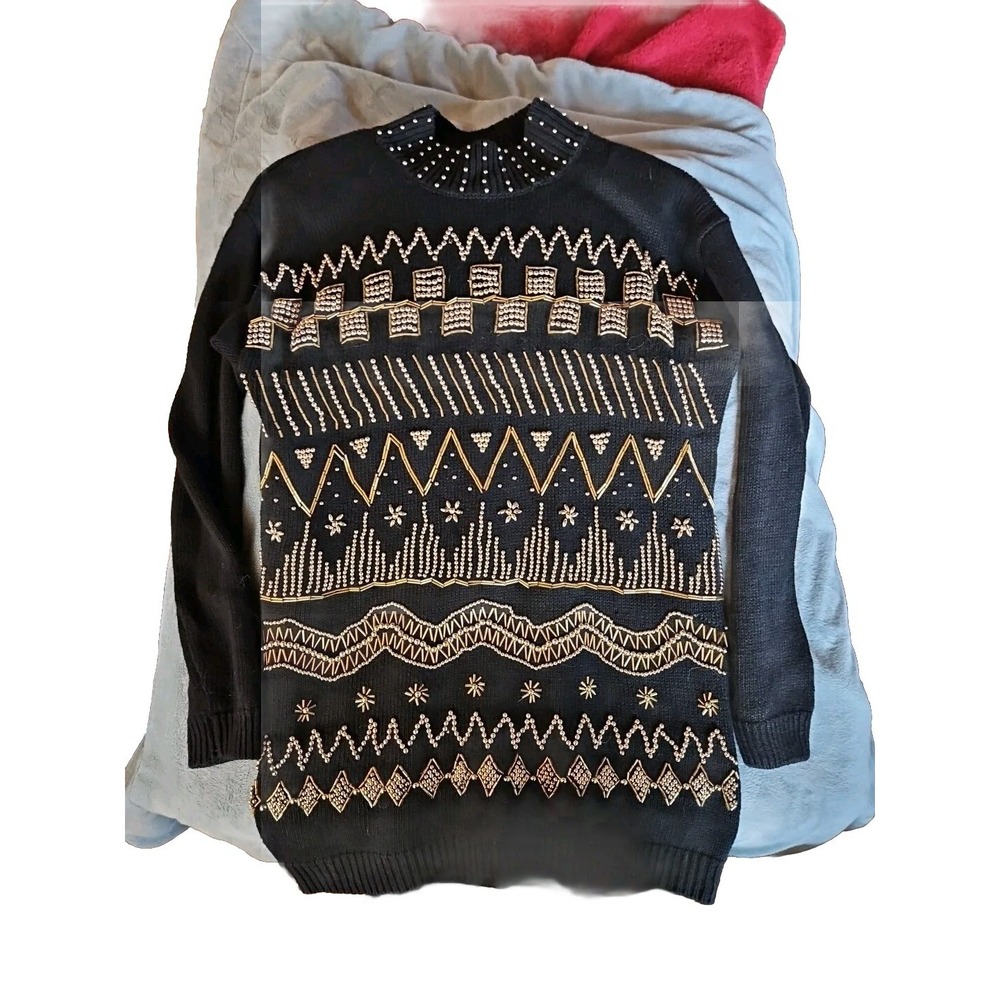Vintage Victoria Jones Petites Pullover Sweater Black/Gold Details Size PS
